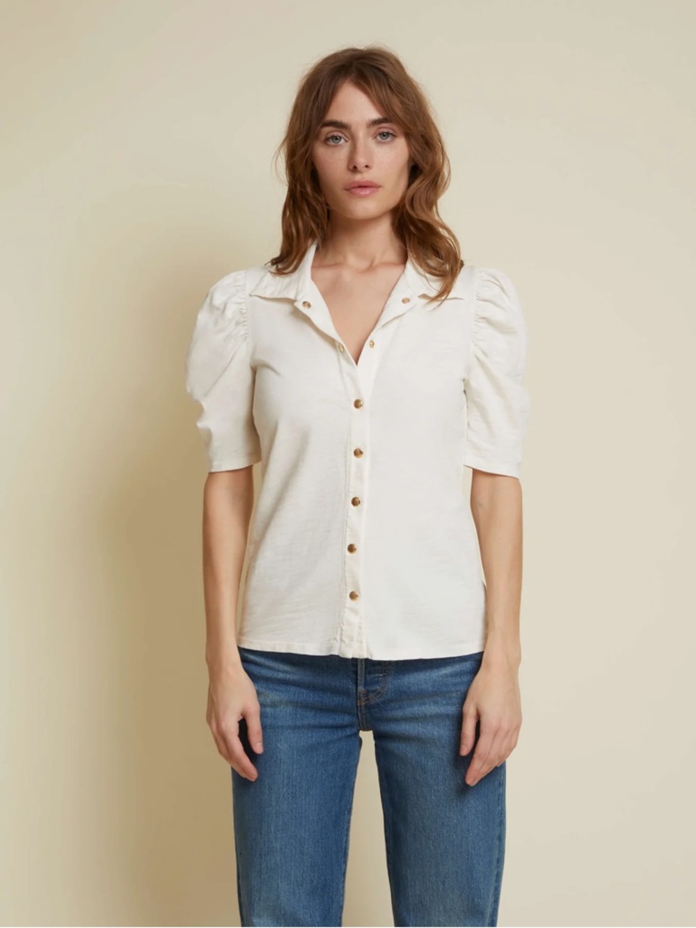 Nation LTD Ennis Feminine Workshirt Off White Ivory Puff-Sleeve Button-Front Top